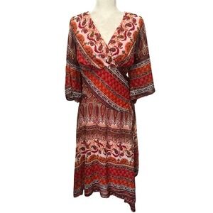 Womens‎ Maxi Faux Wrap Dress Sz 18 Boho Asymmetrical Multicolor Paisley Metallic